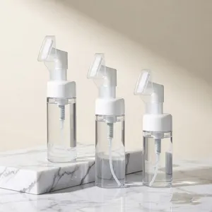 Household Press Type Facial Cleanser Foaming Bottle Transparent Plastic Pump Dispenser With Silicone Brush Head
