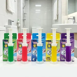Set di gel detergente per WC con cinque profumi colorati, pratico design a spinta per igiene.