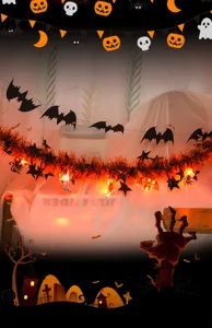 LED Halloween tinsel garland string lights detail with spooky pumpkin and bat decor.