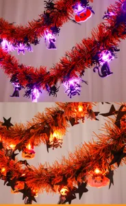 Halloween LED tinsel garland string lights with cute pumpkin cat bat hanging ornaments.