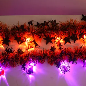 Halloween LED Tinsel Garland String Lights Pumpkin Black Cat Hanging Party Decor Atmosphere Lighting