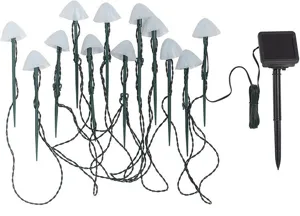 Outdoor LED solar mushroom stake lights for garden lawn landscape decoration and festival ambiance.