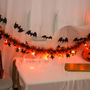 Halloween LED tinsel garland lights with bats and pumpkin decor for party festive ambiance
