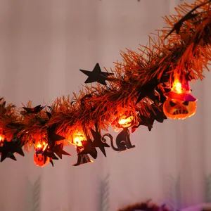 Halloween LED tinsel garland string lights with pumpkin and black cat party decoration.