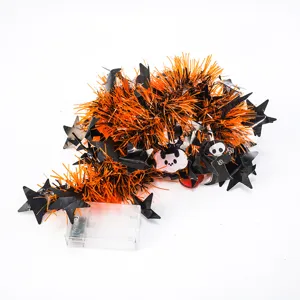 Halloween LED Tinsel Garland Lights Spooky Party Decoration with Black Stars And Skeletons