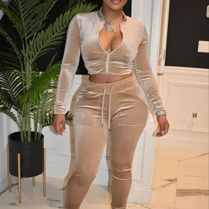 Conjunto de dos piezas de terciopelo para mujer top corto manga larga y pantalon casual