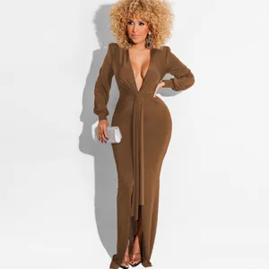 Women's Sexy Deep V-Neck Long Sleeve Split Bodycon Maxi Dress Fashion Night Club Party Dress