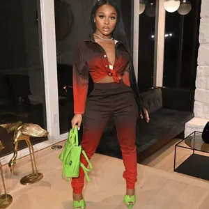 Women Casual Gradient Color Long Sleeve Turn-Down Collar Top And Long Pants Set Fashion Commute Outfit