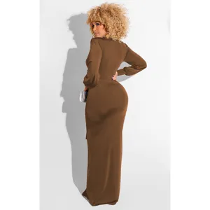 Detailed view of the sexy long sleeve v-neck bodycon maxi dress in solid brown for women fashion.