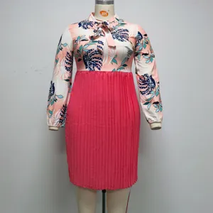 Große größen blumenmuster langarm schleife hals plissiertes kleid für frauen frühling sommer.