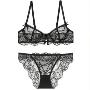 Schwarzes Spitzen-Lingerie-Set mit ultradünnem, transparenten BH und passendem Höschen.