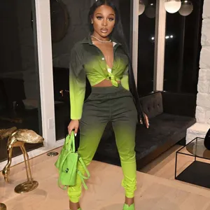 Women stylish gradient two piece casual tracksuit long sleeve crop top and pants set spring.