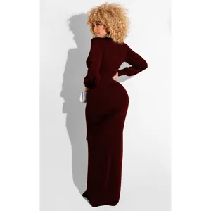 Sexy long sleeve deep V-neck high slit bodycon maxi dress in burgundy for women party club.
