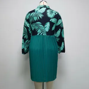 Große Größen Langarm Tropen Print Plissee Kleid für Damen, elegante Frühlingskleidung.