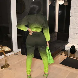 Women fashion gradient casual two piece set long sleeve crop top pants tracksuit set