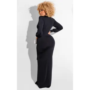 Black long sleeve deep V neck high slit bodycon evening dress for women party wear