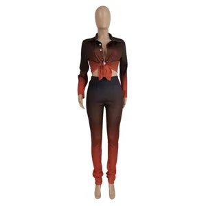 Detailed view of the stylish gradient two-piece outfit featuring a tied long-sleeve top and pants.