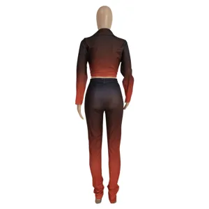 Women gradient casual two piece set long sleeve crop top and pants for spring fashion outfit