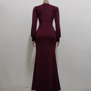 Burgundy long sleeve bodycon maxi dress back view showing slim fit and elegant silhouette.