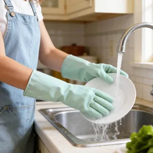 Waterproof dishwashing cleaning gloves for kitchen household chores, anti-slip durable design.