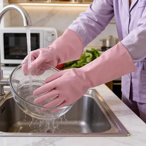 Waterproof pink PVC dishwashing gloves for household cleaning, durable non-slip design.