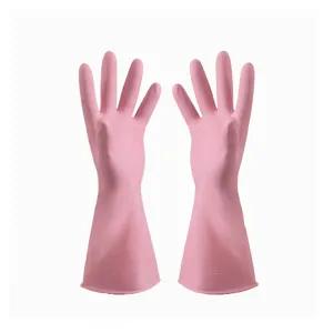 Pink rubber cleaning gloves with non-slip texture and M size mark for household housework chores.