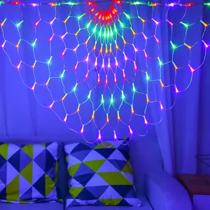 Details of colorful LED net lights, perfect for room decoration, window curtain lighting setup.