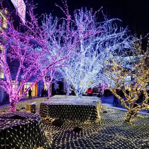 Detailed view of vibrant outdoor LED string lights and net lights illuminating night trees.