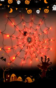 Cadena de luces LED decorativa de telaraña de Halloween para ambiente de pared interior.