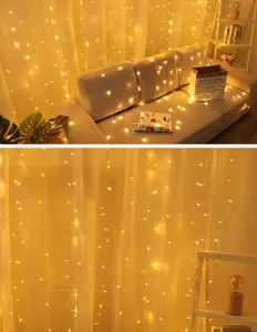 LED curtain string lights for bedroom decoration, warm white copper wire fairy lights backdrop.