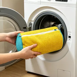 Bolsa de lavado cilíndrica para zapatos en lavadora, red protectora con cremallera resistente.