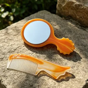 Portable retro amber mirror and comb set, compact plastic makeup mirror for daily travel use.