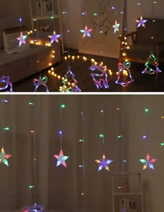 Luci a tenda LED di Natale con stelle e alberi colorati per decorazione festiva della stanza.