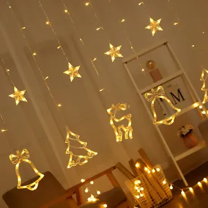 Catena luminosa LED natalizia a tenda con stelle, cervi e campane per decorazione stanza romantica