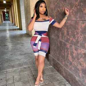 Off-shoulder ribbed striped romper with waist tie, fashionable women's short-sleeve jumpsuit.