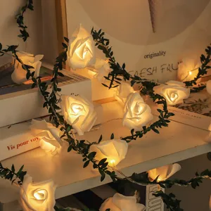 LED Rose Flower String Lights Artificial Green Leaves Garland Warm White Fairy Lights for Bedroom Wedding Party Decor