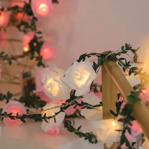 LED rose flower vine string lights with green leaves, romantic decor for bedroom, wedding, and party.