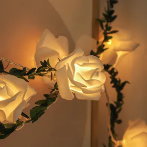 LED Rose Flower Vine String Lights Artificial Green Leaves Fairy Lights for Bedroom Wedding Party