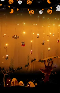 Halloween LED string lights detail, spooky bat spider pumpkin decor for party atmosphere lighting.