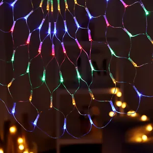 Colorful LED peacock net lights mesh string lighting for outdoor garden party and festival decor.
