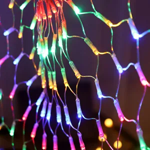 Colorful LED mesh string lights for outdoor camping and festival decoration lighting.