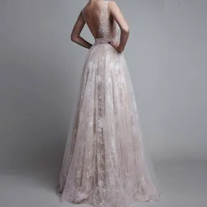 Weißes rückenfreies langes Abendkleid aus Spitze, sexy Tüll-Abendkleid mit tiefem V-Ausschnitt