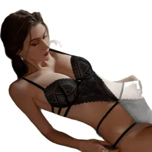 French sexy black lace cutout camisole shaping one-piece lingerie sleepwear set for women