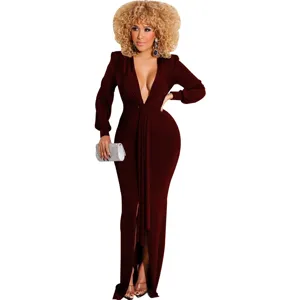 Sexy deep V-neck long sleeve high split bodycon maxi dress for women party club wear