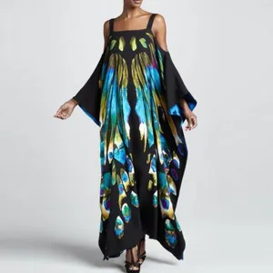 Vestito mare donna lungo nero stampa ali colorate senza maniche caftano spiaggia elegante