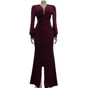 Women's sexy deep V-neck long sleeve high-slit bodycon maxi dress for club party wear.