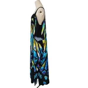 Vestito mare donna maxi abito lungo, nero stampato senza maniche spalline vacanza.
