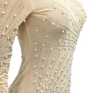 Robe detail en maille transparente manches longues avec strass et perles, style sexy.