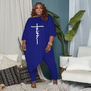 Conjunto de Top Largo Irregular con Estampado de Fe y Pantalones para Mujer Casual Holgado de Manga Larga Estilo Urbano de Dos Piezas