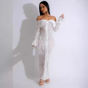 Women white off-shoulder long sleeve textured ruffled midi dress elegant slim fit clubwear